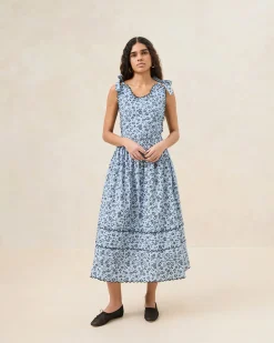 Sale Bruna Blue/Black Floral Apron Dress Casual Staples|Event Essentials