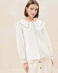 Clearance Daisy Blue Broderie Collared Blouse Casual Staples|Jessie Loves