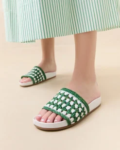 Discount Henri Green/White Crochet Raffia Sandal Flat Sandals