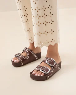 Outlet Jack Espresso Leather Studded Sandal Flat Sandals