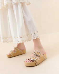 Outlet Jack Espresso Leather Studded Sandal Flat Sandals