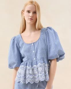 Hot Jodie Blue Gingham Embroidered Top Matching Sets|Tops