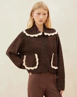 Online Lo Brown/Cream Collared Cardigan Knitwear